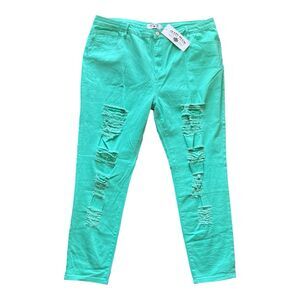 Crazy Train Turquoise Mint Ripped Distressed Denim Skinny Jeans Size 17/33 NWT
